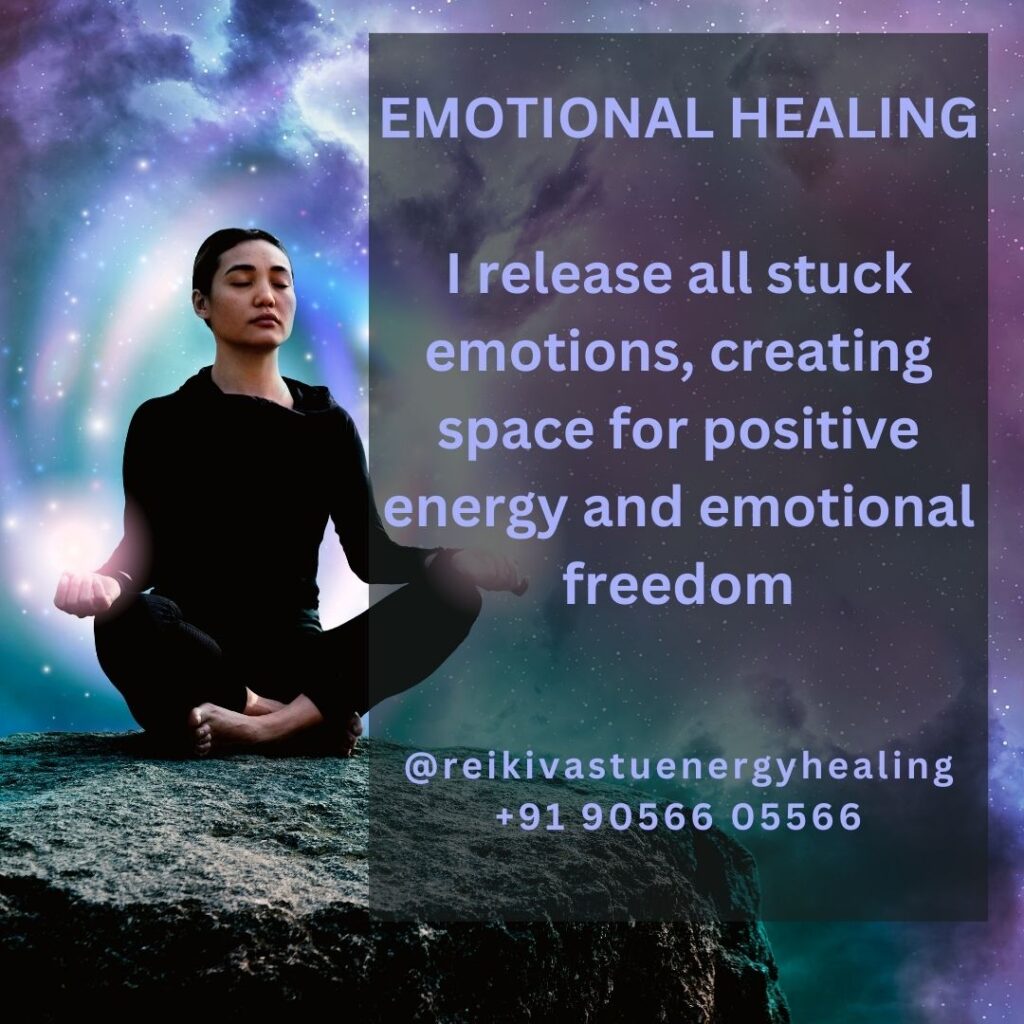 Meditating person with the affirmation: 'I release all stuck emotions, creating space for positive energy and emotional freedom.' Call us for transformative emotional healing sessions.