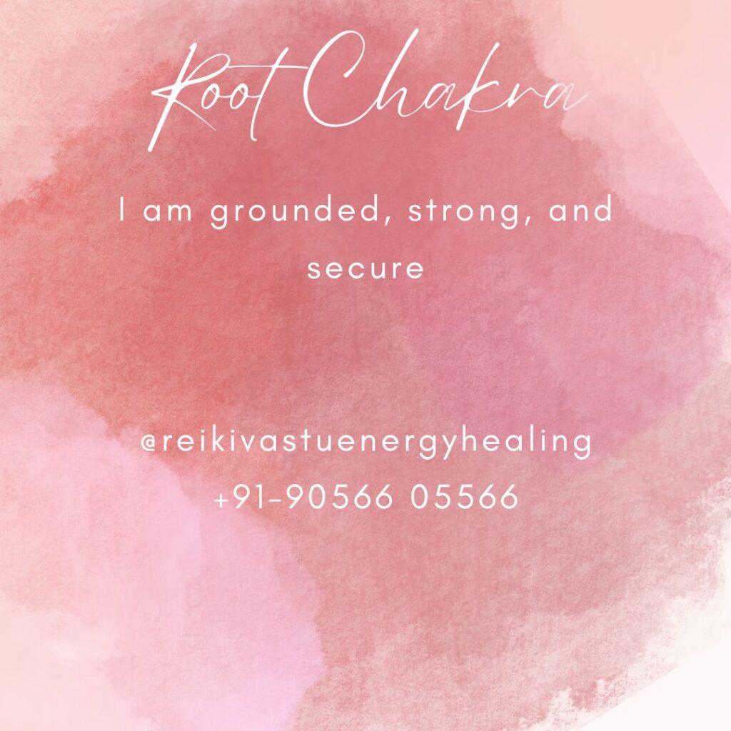 "I am grounded, strong, and secure" - Alt text for an image representing root chakra healing through positive affirmations.